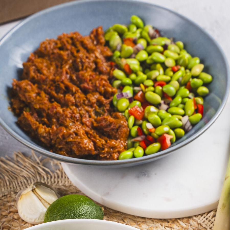 Beef Rendang with soybeans from SportMeals, served in a bowl on a table