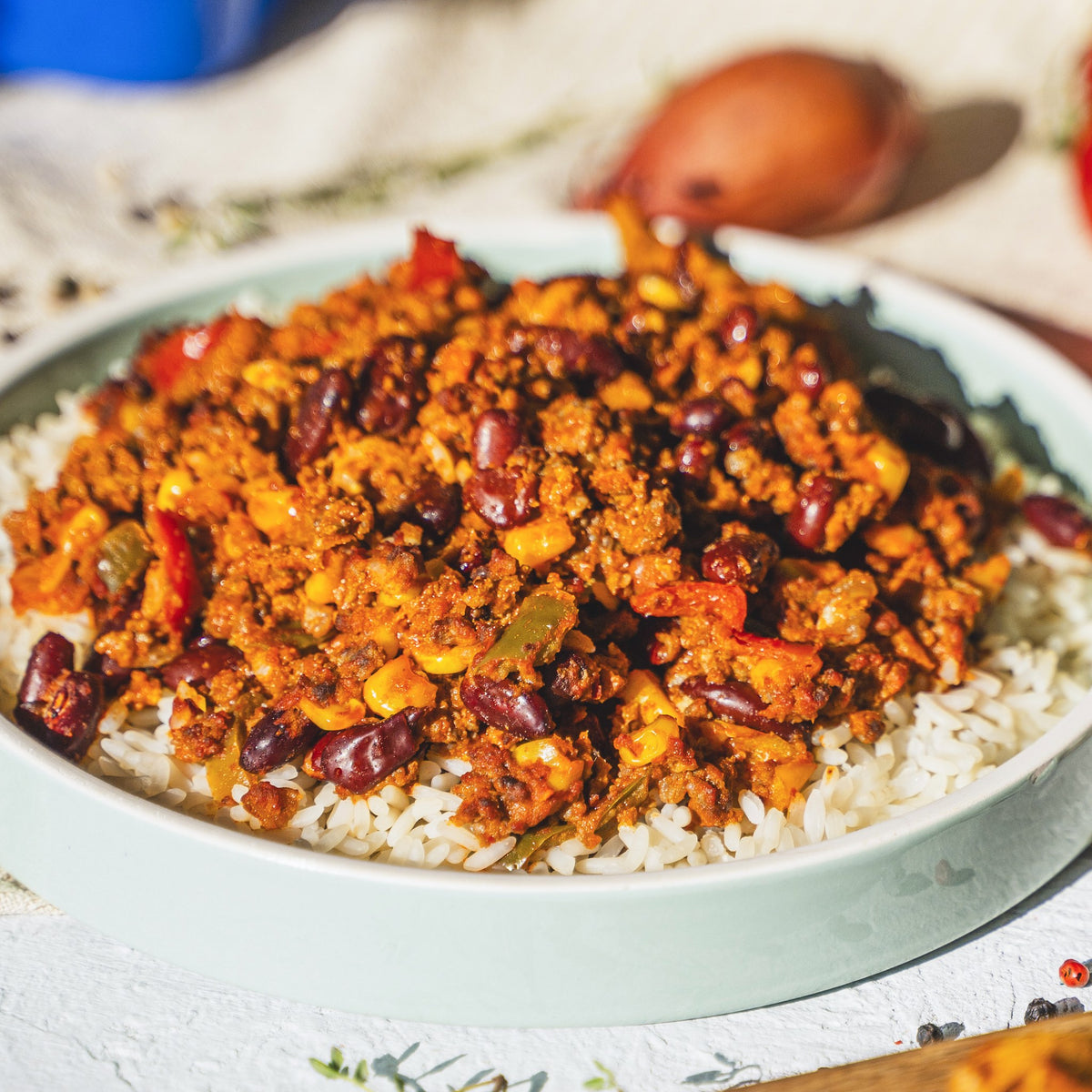 SportMeals chilli con carne with rice, served in a bowl on the table