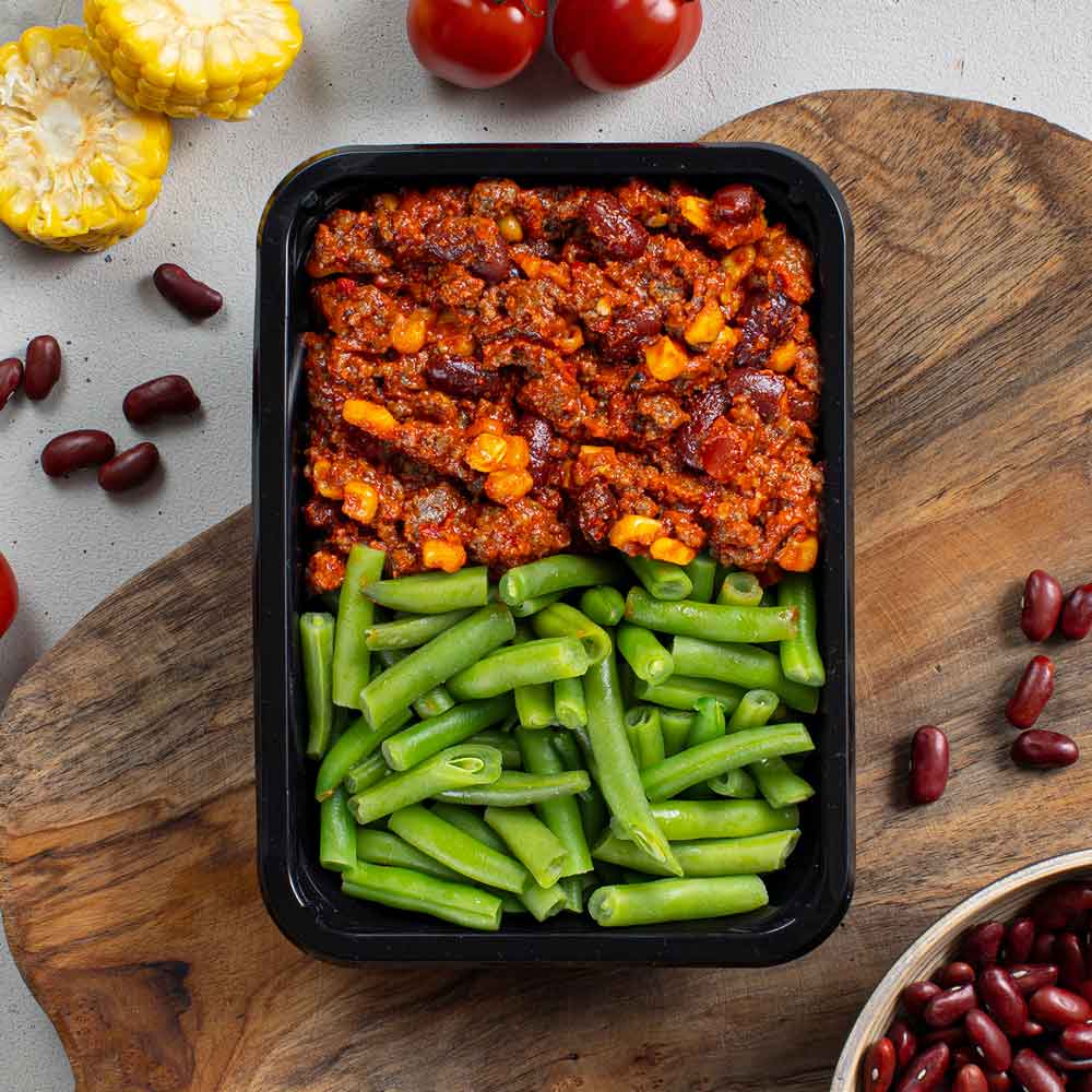 kant-en-klare meal prep maaltijd chili con carne van PRAZ voor tijdens het afvallen