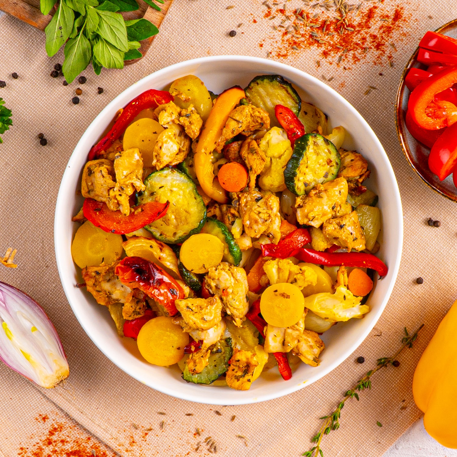 Kip Traybake mediterraans met zoete aardappel — Droogtrainen — op bord