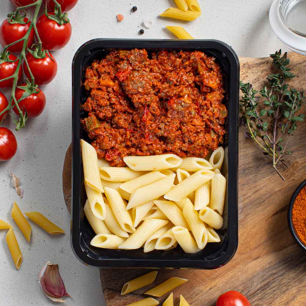 High Protein Meal Prep maaltijd pasta beef bolognese van PRAZ 