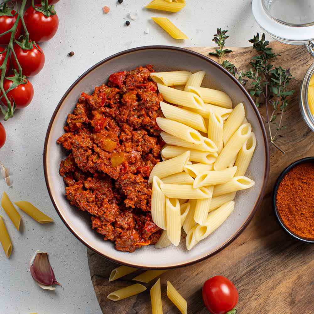 Eiwitrijke kant-en-klare pasta sportmaaltijd met penne voor spiermassa opbouw in je bulk