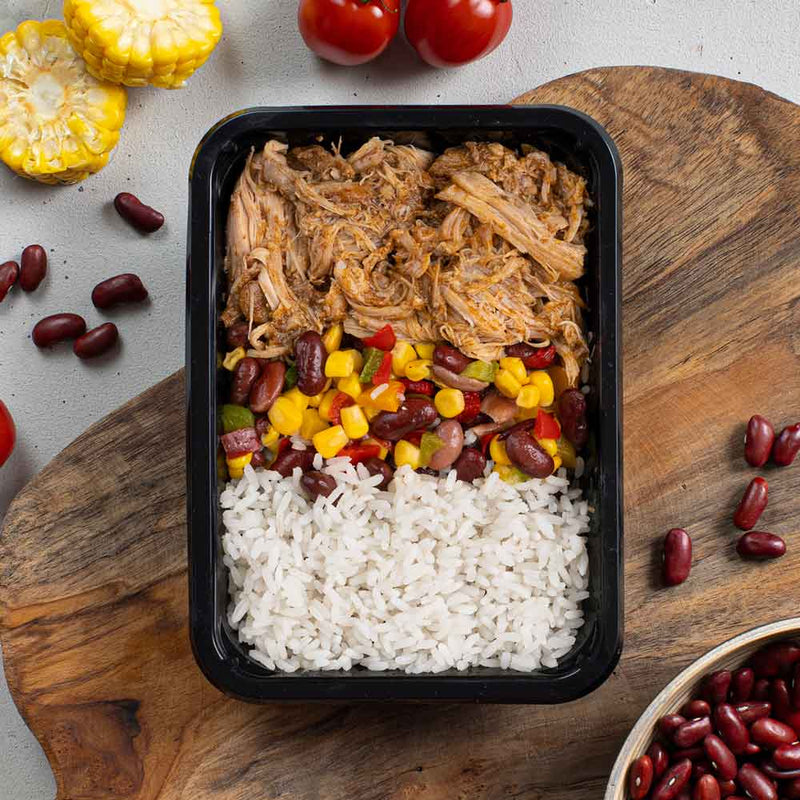 High protein meal prep meal for building muscle, with protein-rich pulled chicken