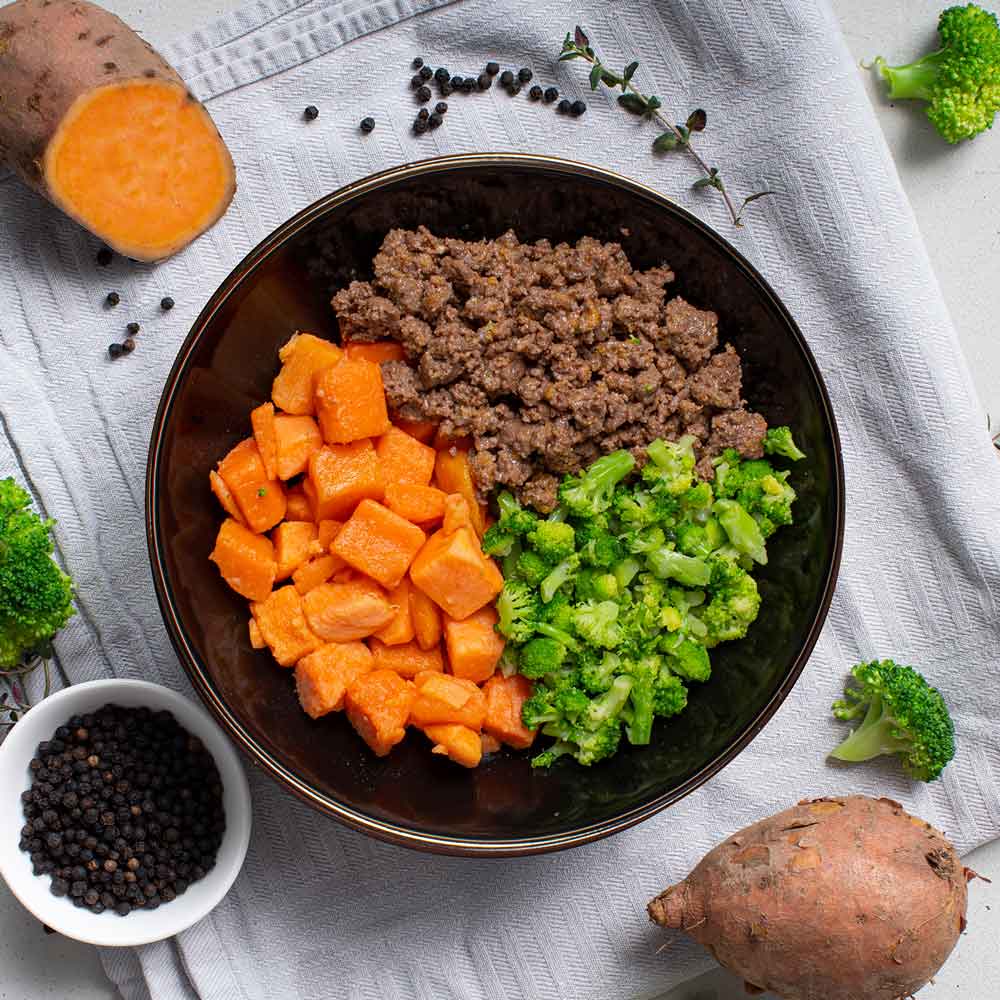 Sweet potato with beef and broccoli meal for getting lean or losing weight on a high-protein diet