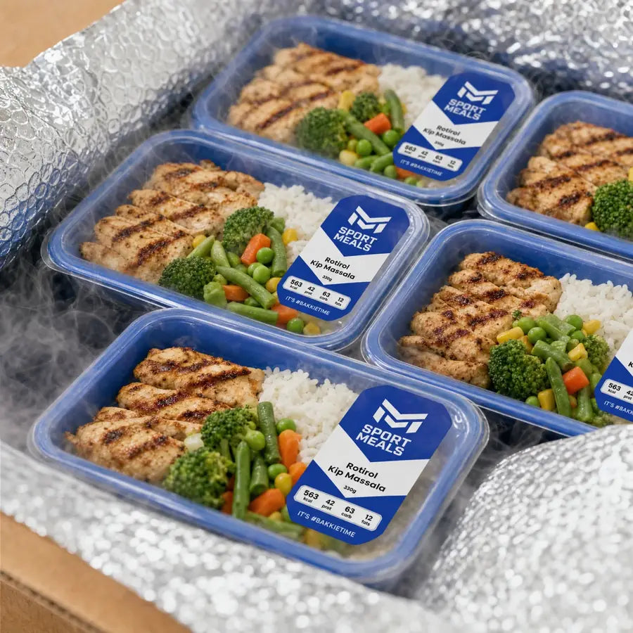 SportMeals-bakjes met etiket, klaar om de vriezer in te gaan